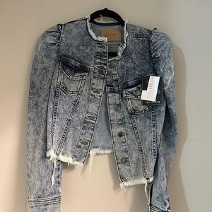 retrofete Rissa Destroyed Denim Puff-Sleeve Jacket acid wash new with tags